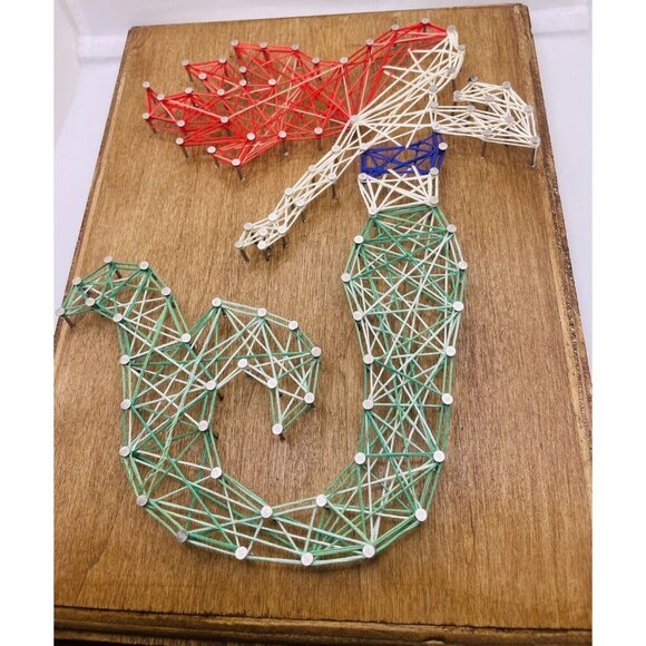 Mermaid String Art Picture On Wood Whimsical Handmade Wall Decor - Picture 3 of 5